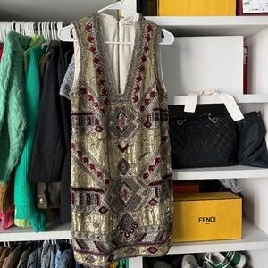Alice + Olivia Odell Embellished Sequin Shift Gold Multi Short Dress Size 2